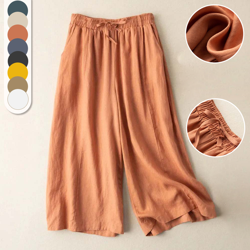 Pantalones de pierna ancha holgados informales de algodón y lino para mujer