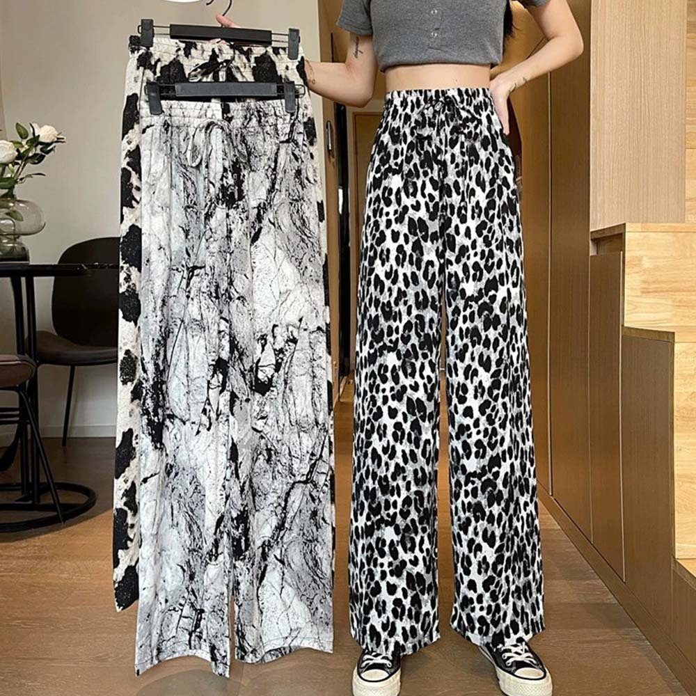 Women's fashionable printed tie-dye ice silk wide-leg pants