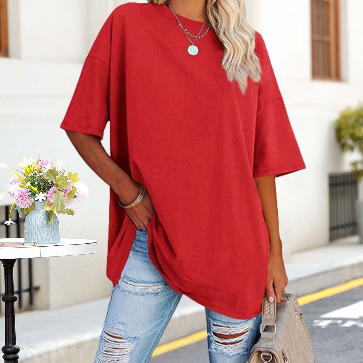 Olivoslindo Sommer Casual Damen Einfarbig Tropfen Schulter Ärmel Rundhals Lose T-Shirt