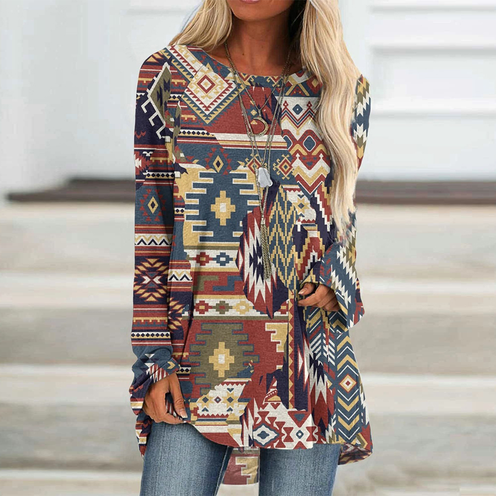 Olivoslindo Camiseta midi étnica de manga larga y cuello redondo
