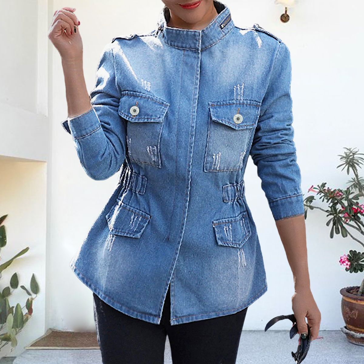 Olivoslindo Chaqueta de mezclilla de cintura delgada para mujer de nueva moda