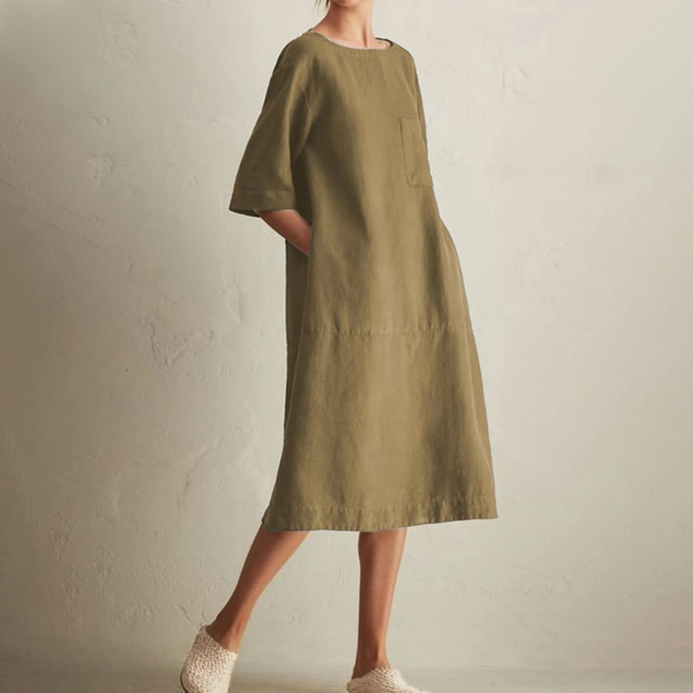 Olivoslindo Vestido casual con bolsillo de lino y algodón de manga larga con cuello redondo