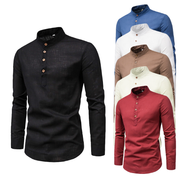 Fashion slim fit cotton and linen half-open collar men's long-sleeved shirt