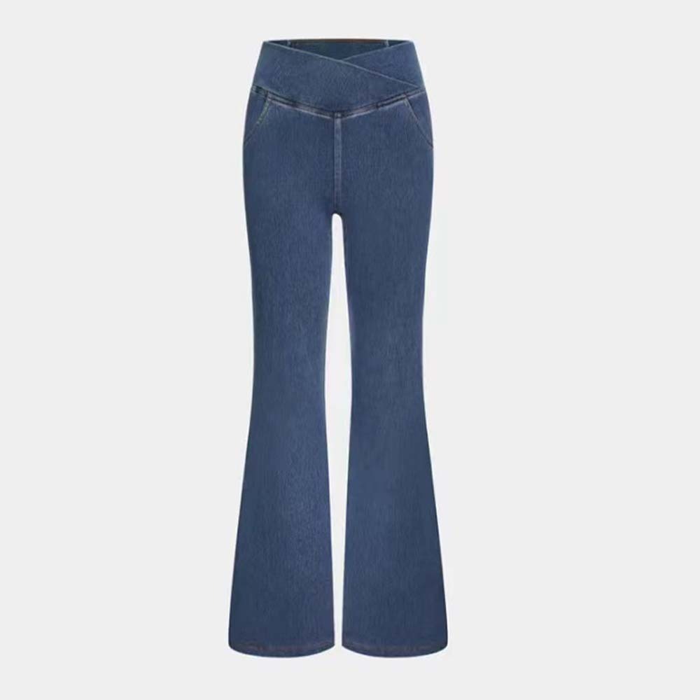 Women's Stretch Denim High Waist Crossover Flare Pants