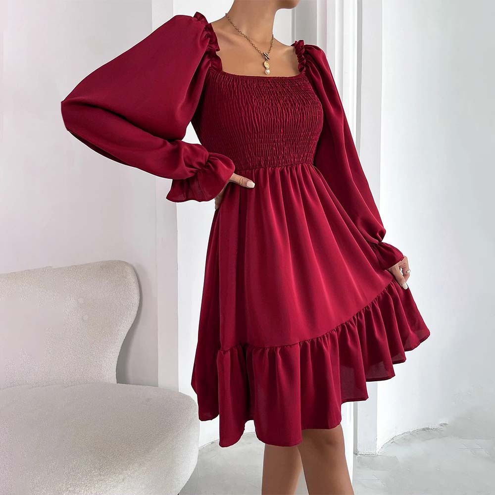 2024 Temperament Square Neck Pleated Ruffle Dress