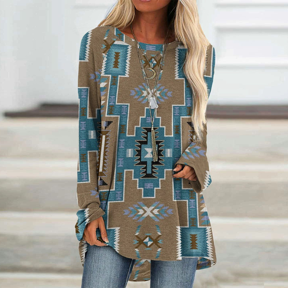 Olivoslindo Camiseta midi étnica de manga larga y cuello redondo