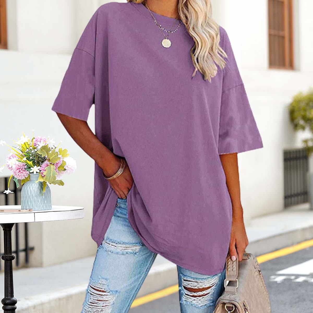 Olivoslindo Sommer Casual Damen Einfarbig Tropfen Schulter Ärmel Rundhals Lose T-Shirt