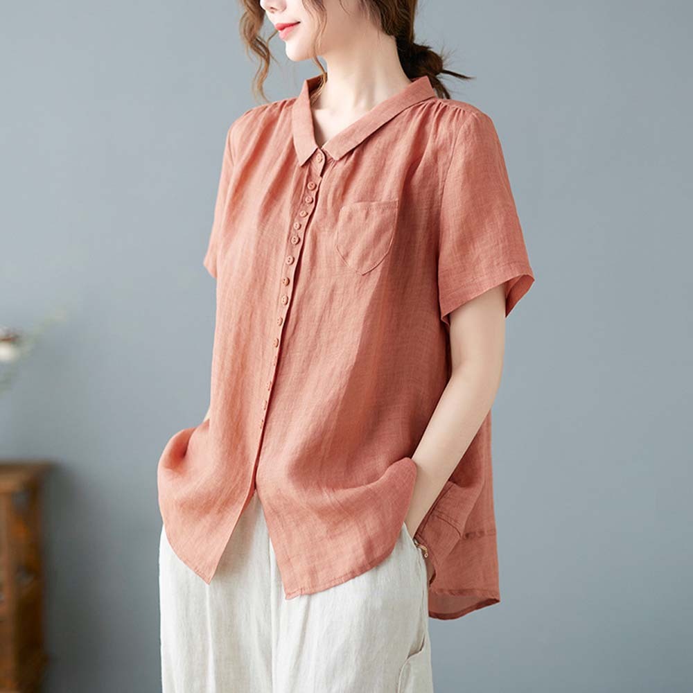Women's loose large size cotton and linen short sleeve shirt