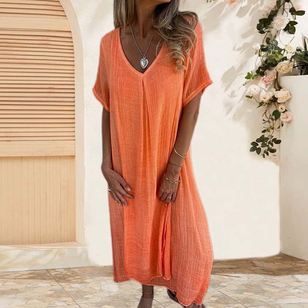 Vestido de playa suelto de algodón y lino de verano para mujer