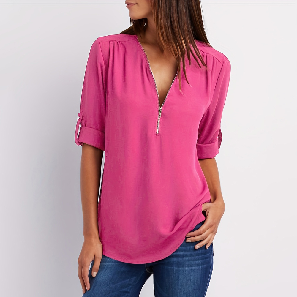 Women's Summer Fashion V Neck Zipper Chiffon Shirt