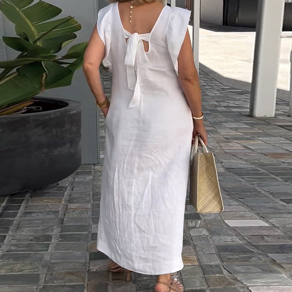 Elegante vestido de algodón y lino con cuello en V y color liso