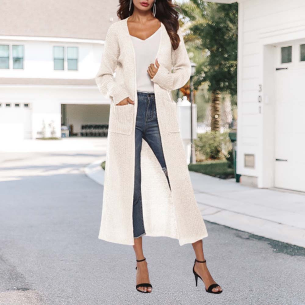 Olivoslindo Abrigo de mujer fino de punto con abertura larga y bolsillos grandes