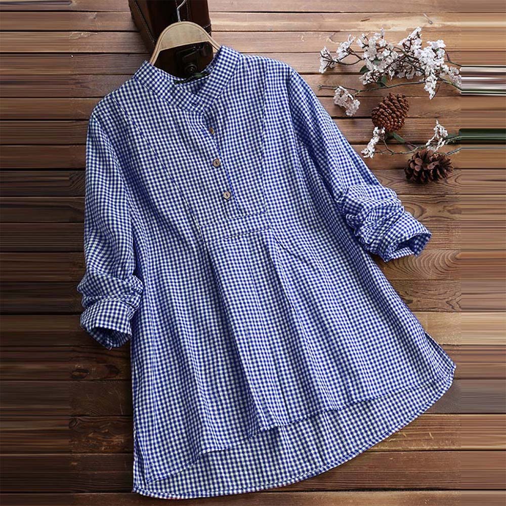 Spring women's fashionable V-neck plaid long-sleeved shirt