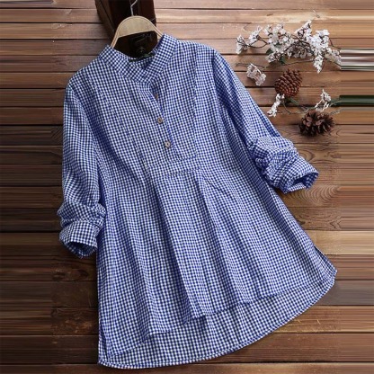 Spring women's fashionable V-neck plaid long-sleeved shirt