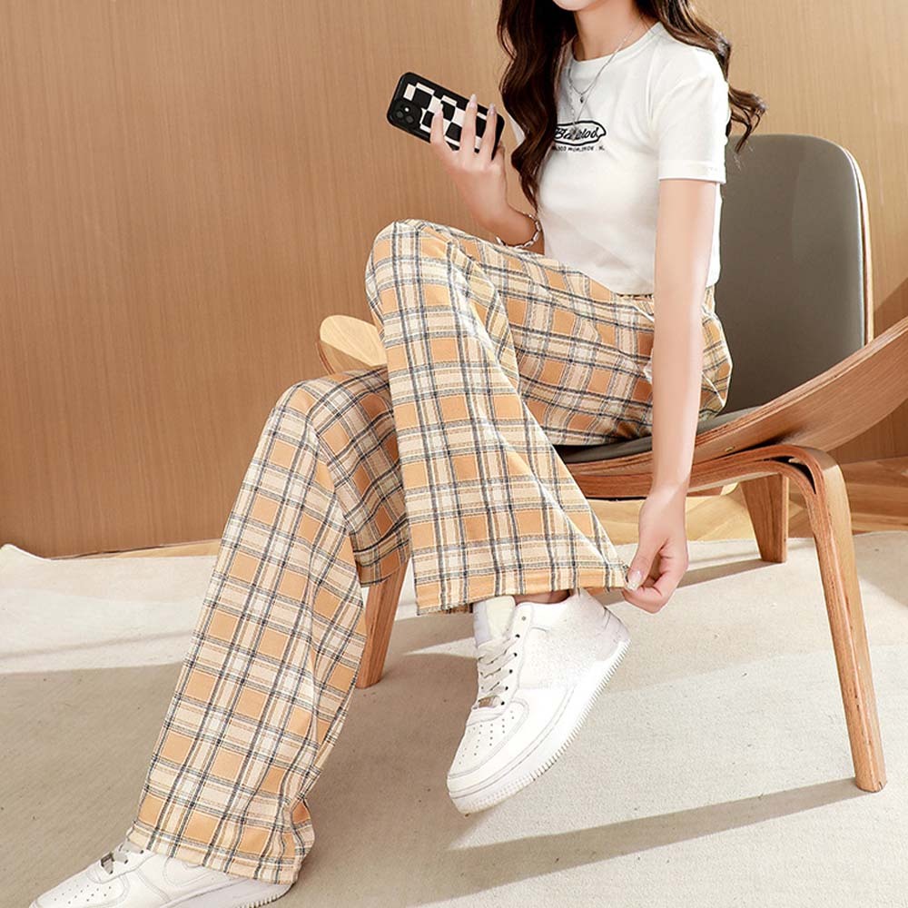 Women's casual plaid high waist wide leg pants