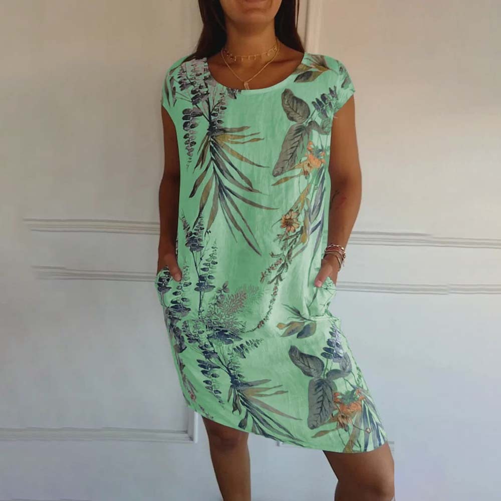 Vestido de mujer con bolsillo estampado, cuello redondo, algodón y lino