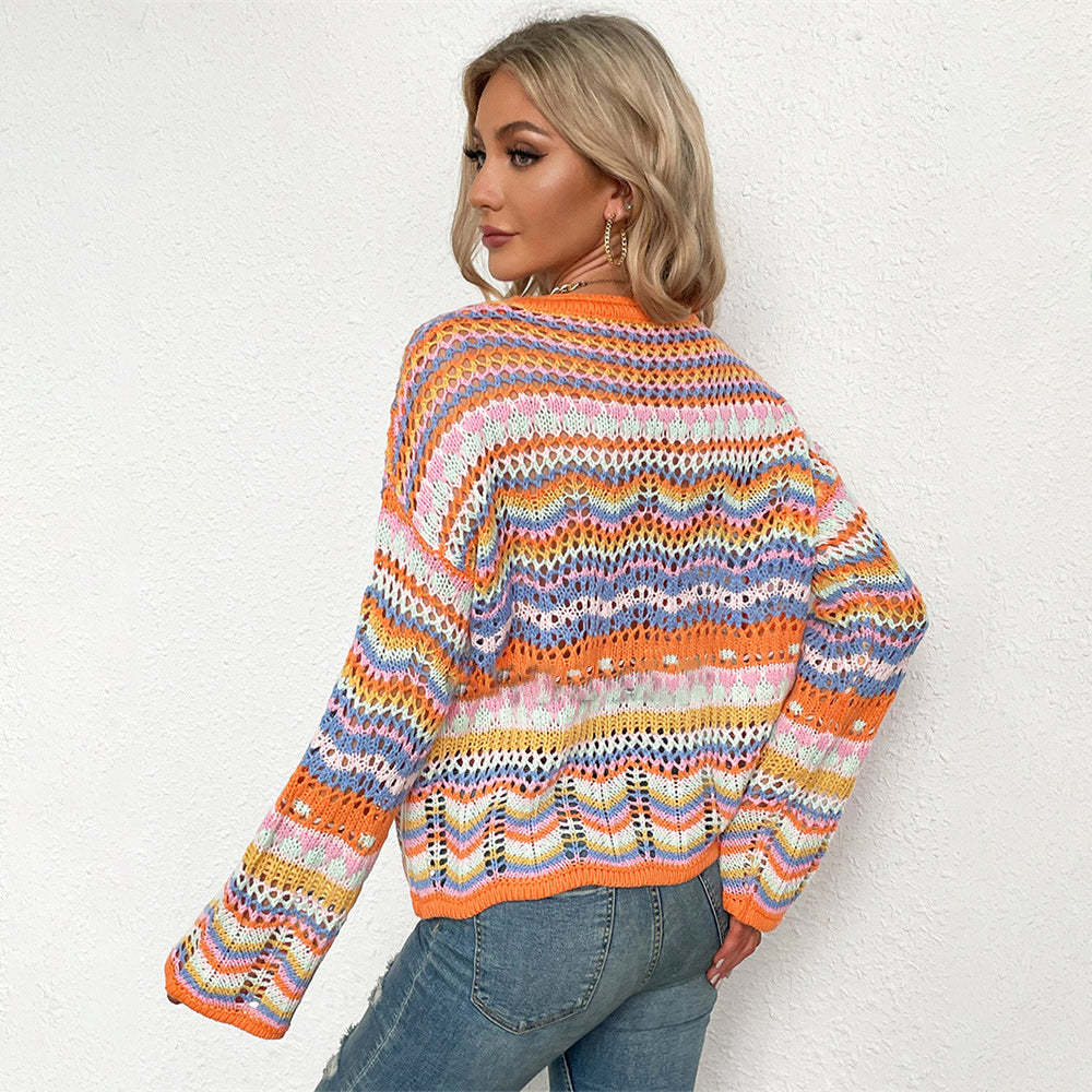 Olivoslindo Suéter suelto con cuello redondo y bloques de colores para mujer