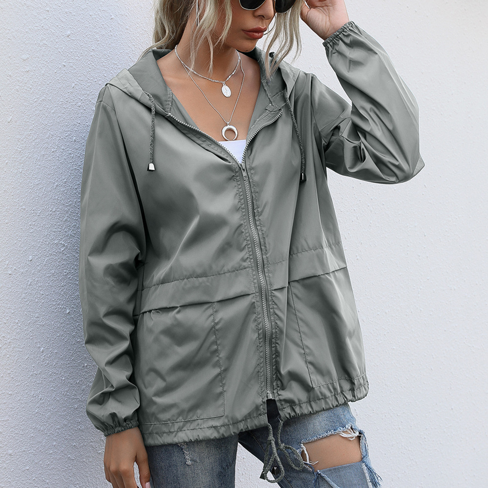 Olivoslindo Chaqueta con capucha impermeable con cremallera para exteriores de moda de otoño para mujer