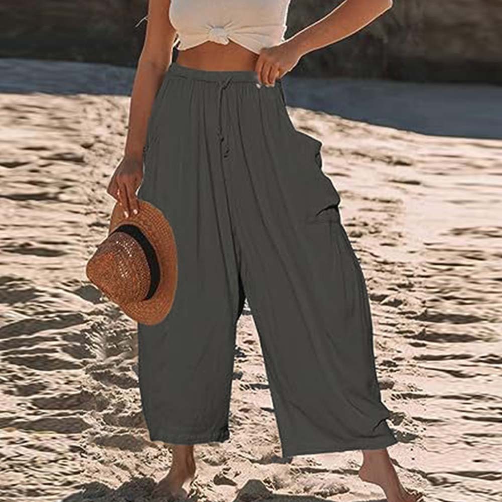 Pantalones casuales de algodón y lino con pierna ancha y cintura alta