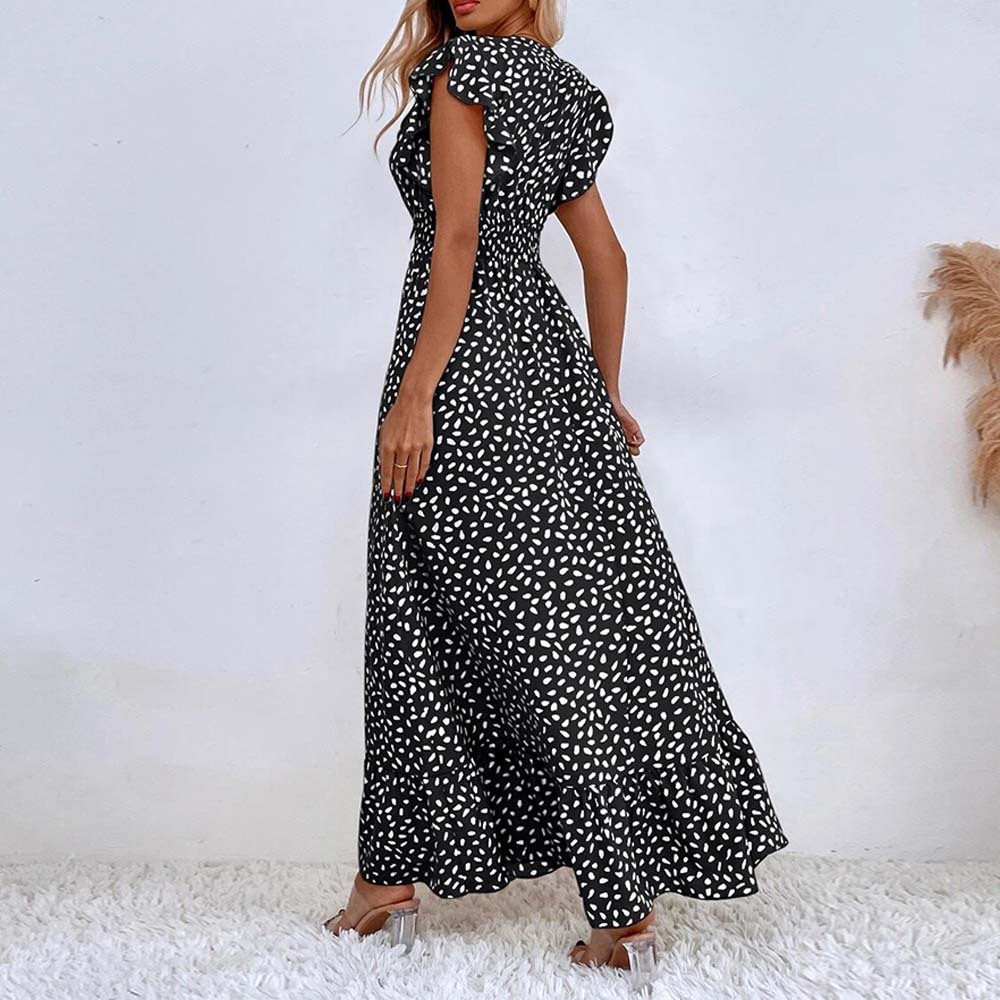 Women's Elegant V-Neck Ruffled Waist Dress