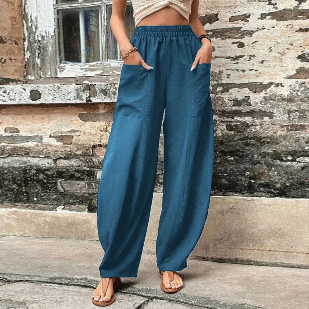 Olivoslindo Pantalones casuales de mujer con bolsillo de color sólido Pantalones elásticos