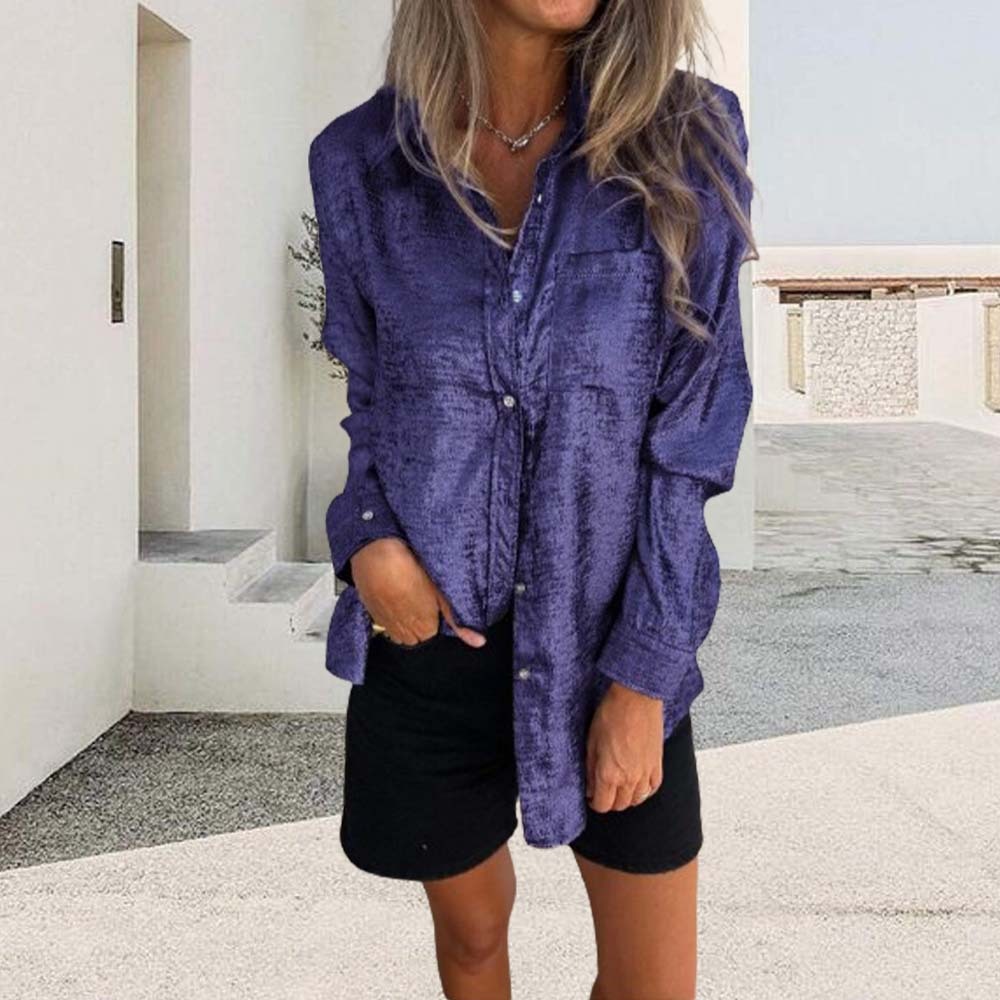 Camisa de solapa de moda de gamuza casual para mujer de primavera 2024