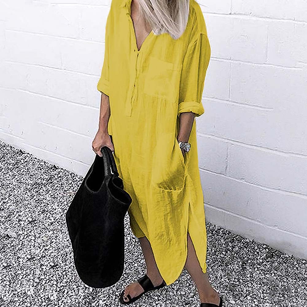 Women's elegant solid color slit pocket shirt dress