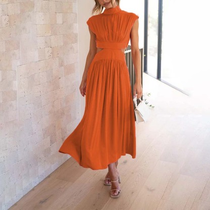 Stylish stand-up collar and exposed waist resort style dress