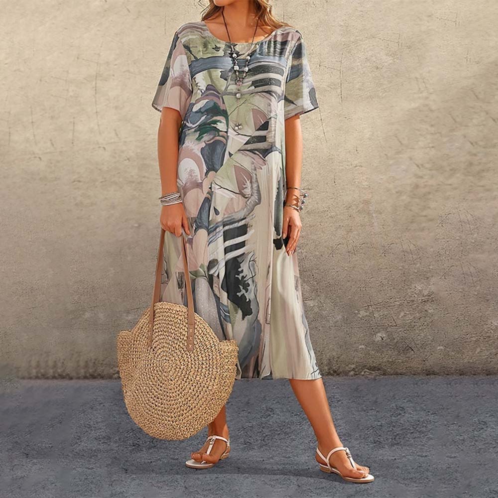 Vestido midi estampado con cuello redondo elegante para mujer