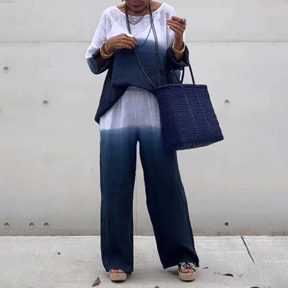 Conjunto de dos piezas degradado de algodón y lino para mujer a la moda
