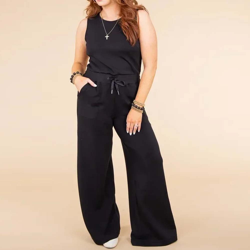 Spring and summer casual lace-up solid color sleeveless jumpsuit