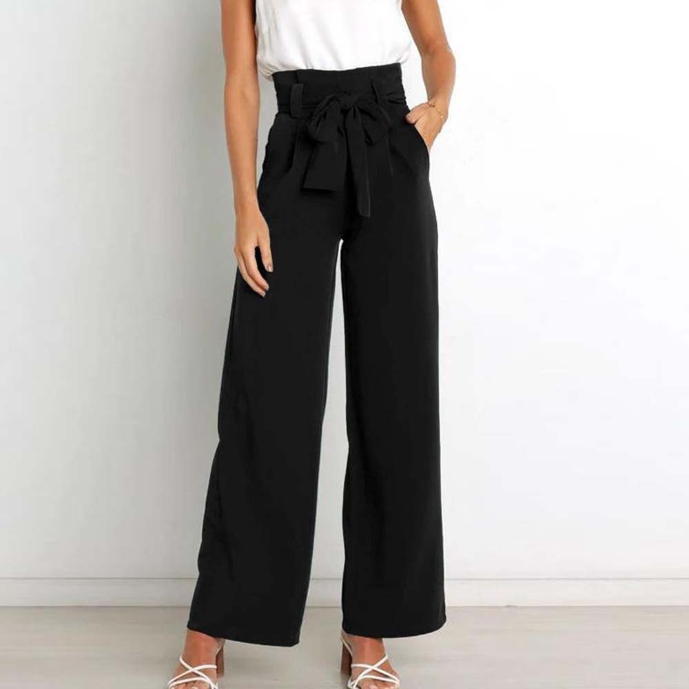 Pantalones anchos de talle alto con lazo a la moda para mujer