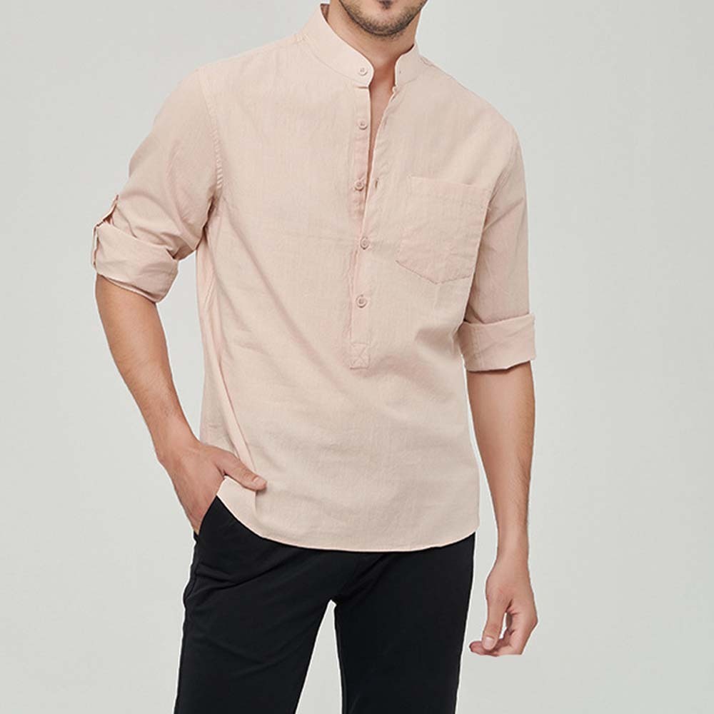 Hojanaranja Camisa henley cómoda de algodón de color liso para hombre
