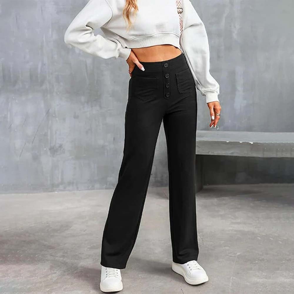Pantalones casuales elásticos con botones de cintura alta para mujer