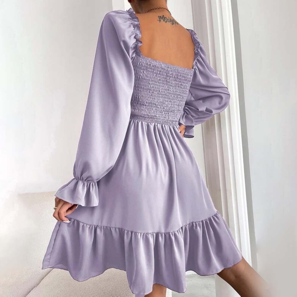 2024 Temperament Square Neck Pleated Ruffle Dress