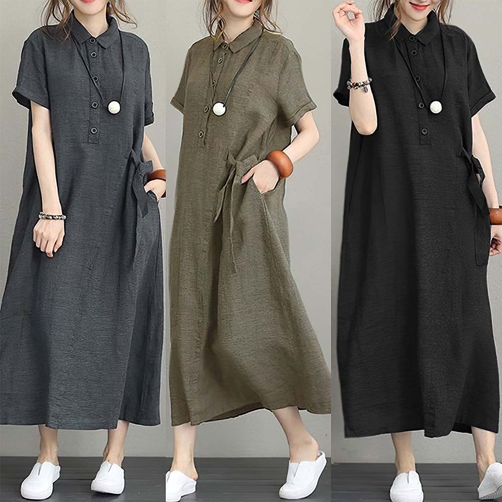 Women's Casual Polo Neck Cotton and Linen Short Sleeve Dress