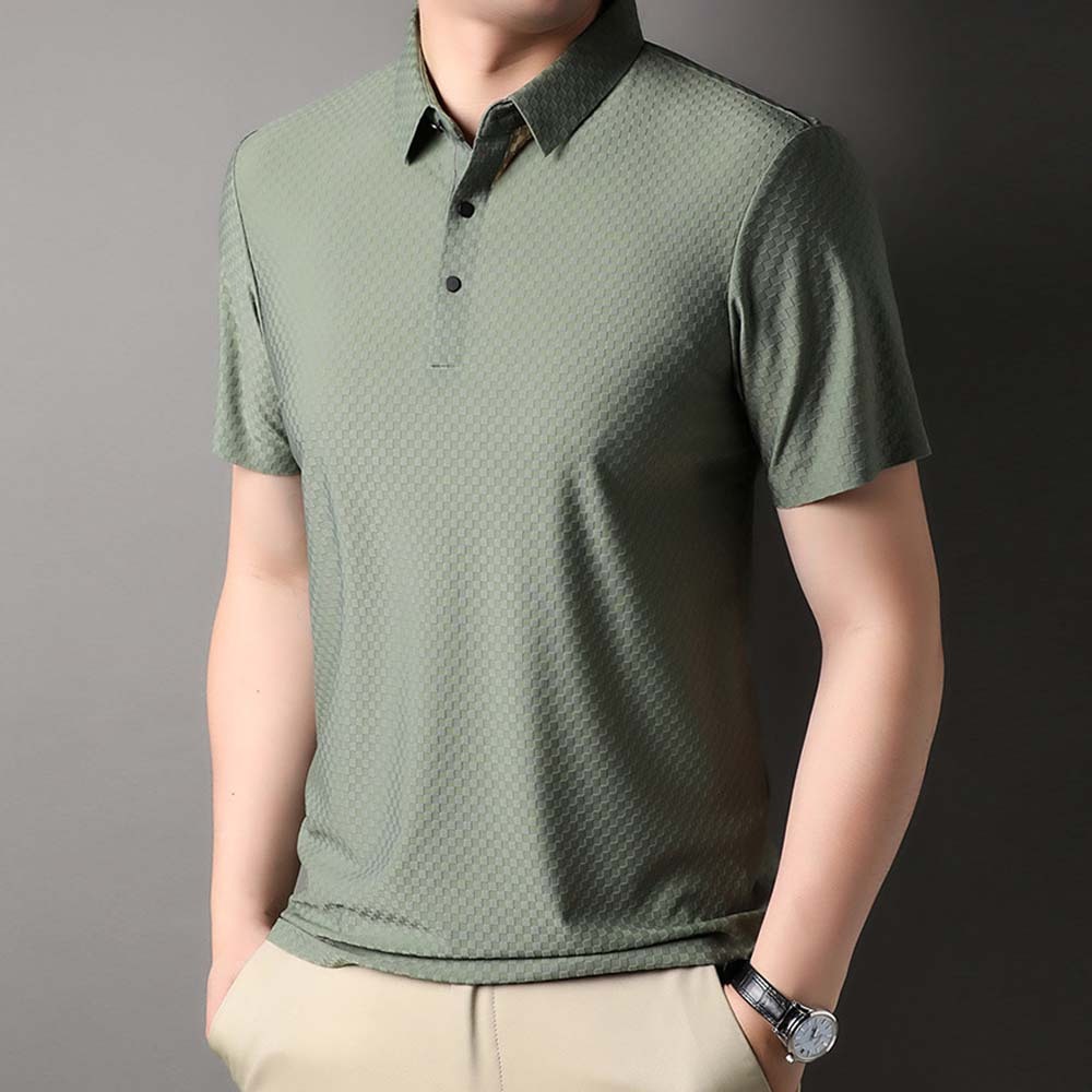 Hojanaranja Polo de manga corta a cuadros elásticos de color liso para hombre