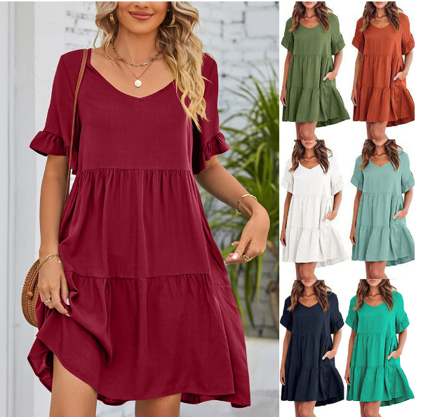 Summer casual V-neck ruffle loose dress beach dress
