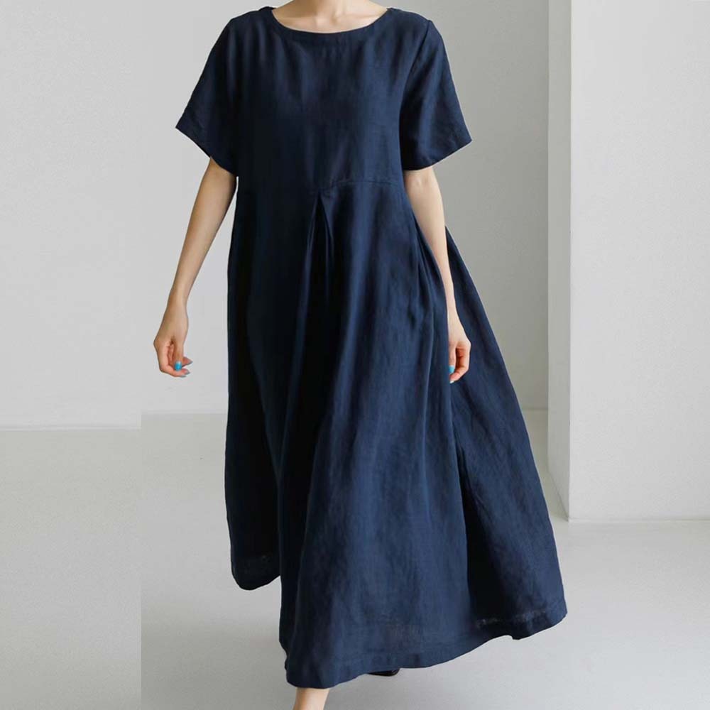 Spring and autumn casual loose round neck cotton and linen dress