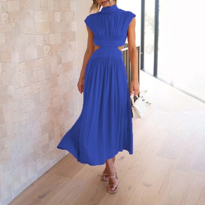 Stylish stand-up collar and exposed waist resort style dress
