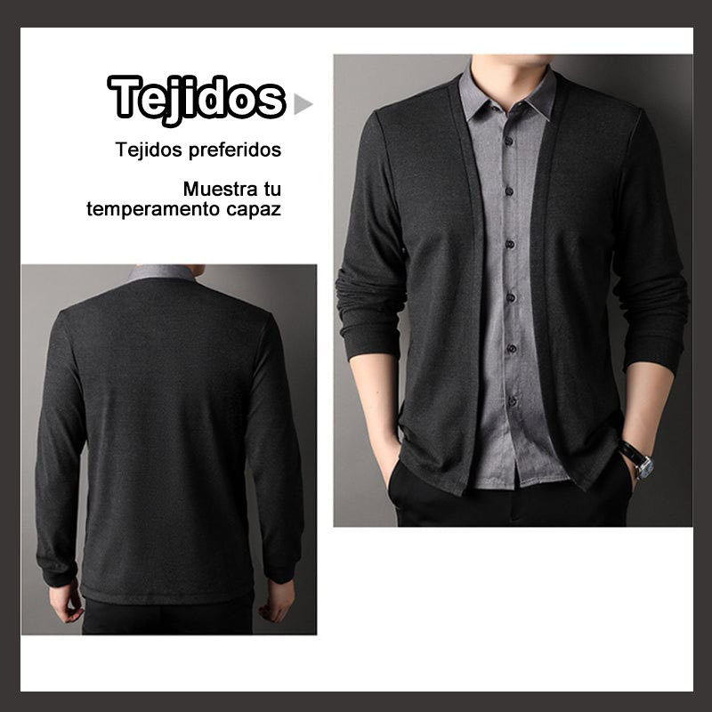 Cárdigan de punto camisa falsa de dos piezas para hombre