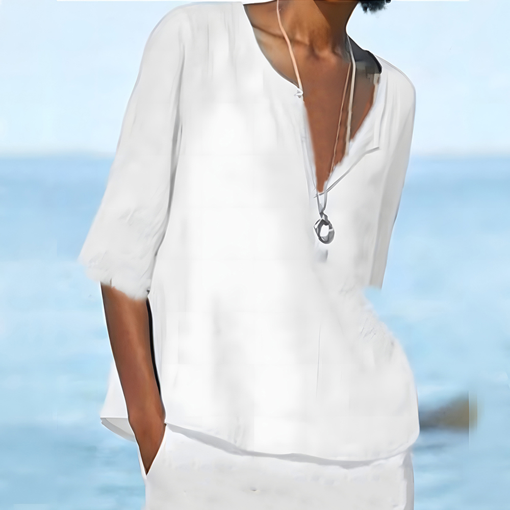 Olivoslindo Camisa de mujer de manga larga de lino y algodón de color liso