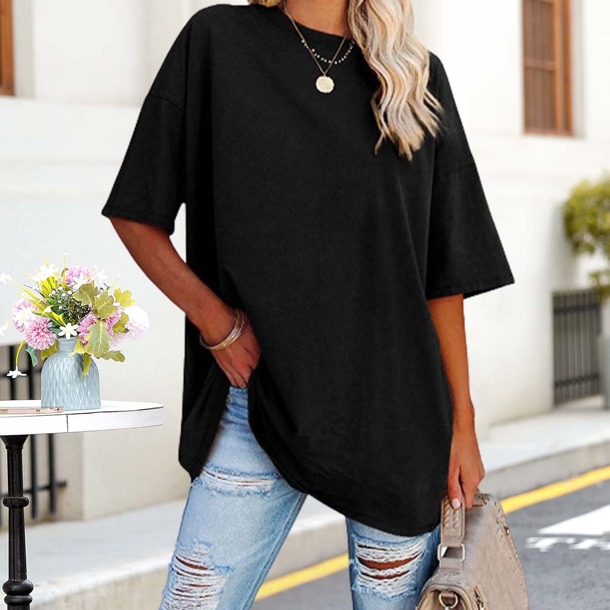 Jagute™ Sommer Casual Damen Einfarbig Tropfen Schulter Ärmel Rundhals