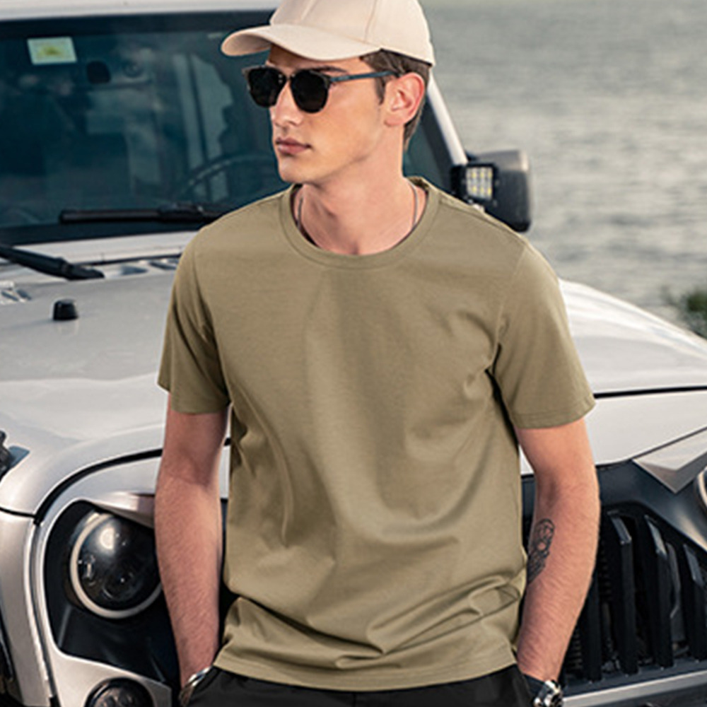 Olivoslindo Camiseta de manga corta con cuello redondo de algodón de seda helada para hombre