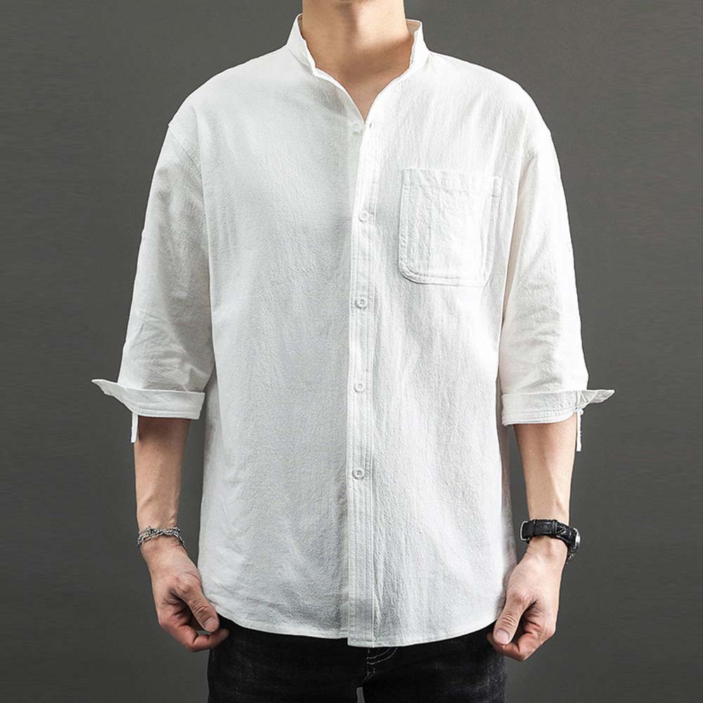 2024 Men's solid color casual cotton and linen shirt