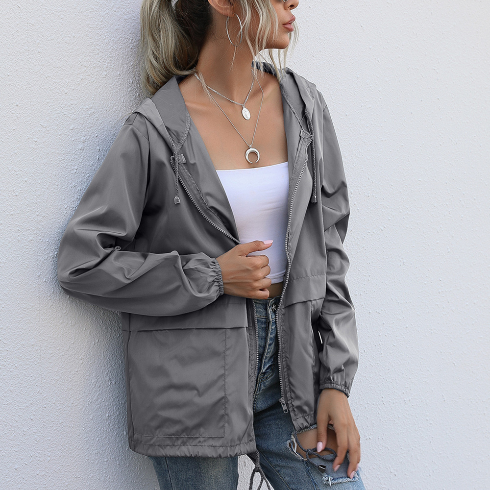 Olivoslindo Chaqueta con capucha impermeable con cremallera para exteriores de moda de otoño para mujer