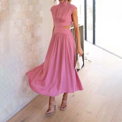 Stylish stand-up collar and exposed waist resort style dress
