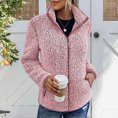 Olivoslindo Nueva chaqueta polar de color liso para mujer con cuello alto, mangas largas y cremallera