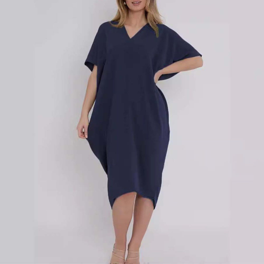 Vestido de seda hielo con cuello en V y manga murciélago de color liso