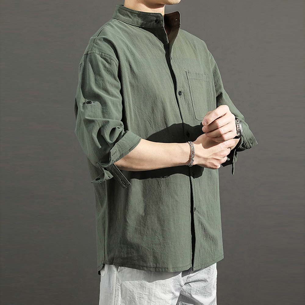 2024 Men's solid color casual cotton and linen shirt